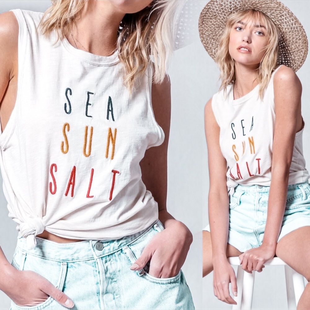 Sea Sun Salt Embroidered Graphic Tee | Cotton Tank - Picture 1 of 7